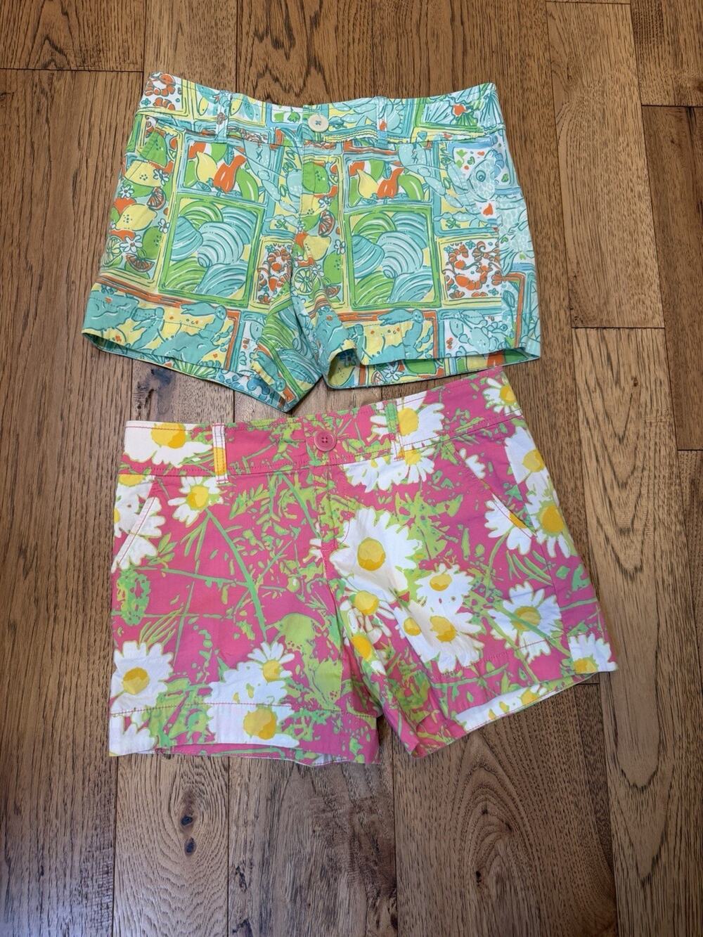 Lilly Pulitzer Shorts Lot 2 Size 2 Daisy Fish Shell Pepper Print Pink Aqua